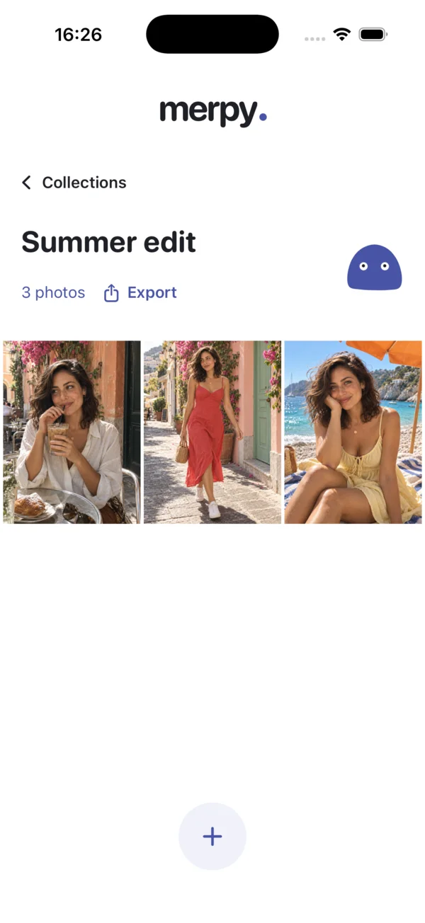 Actual Merpy iPhone app showing the Summer edit collection with three photos and Export.